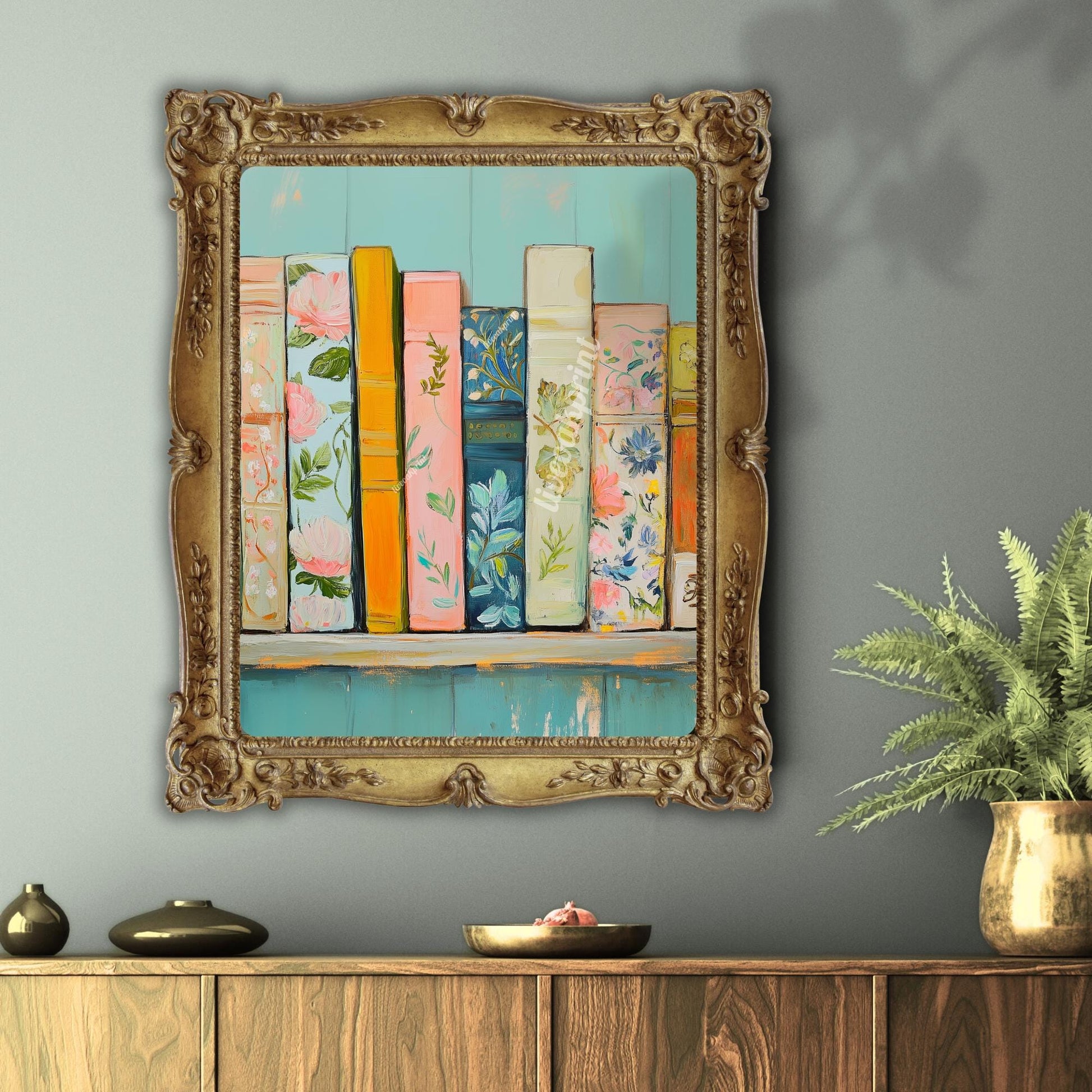 Pastel Bookshelf Print - Dreamy Book Lover Wall Art - Soft Blue and Pink Bookshelf Decor - Cozy Reading Nook Aesthetic