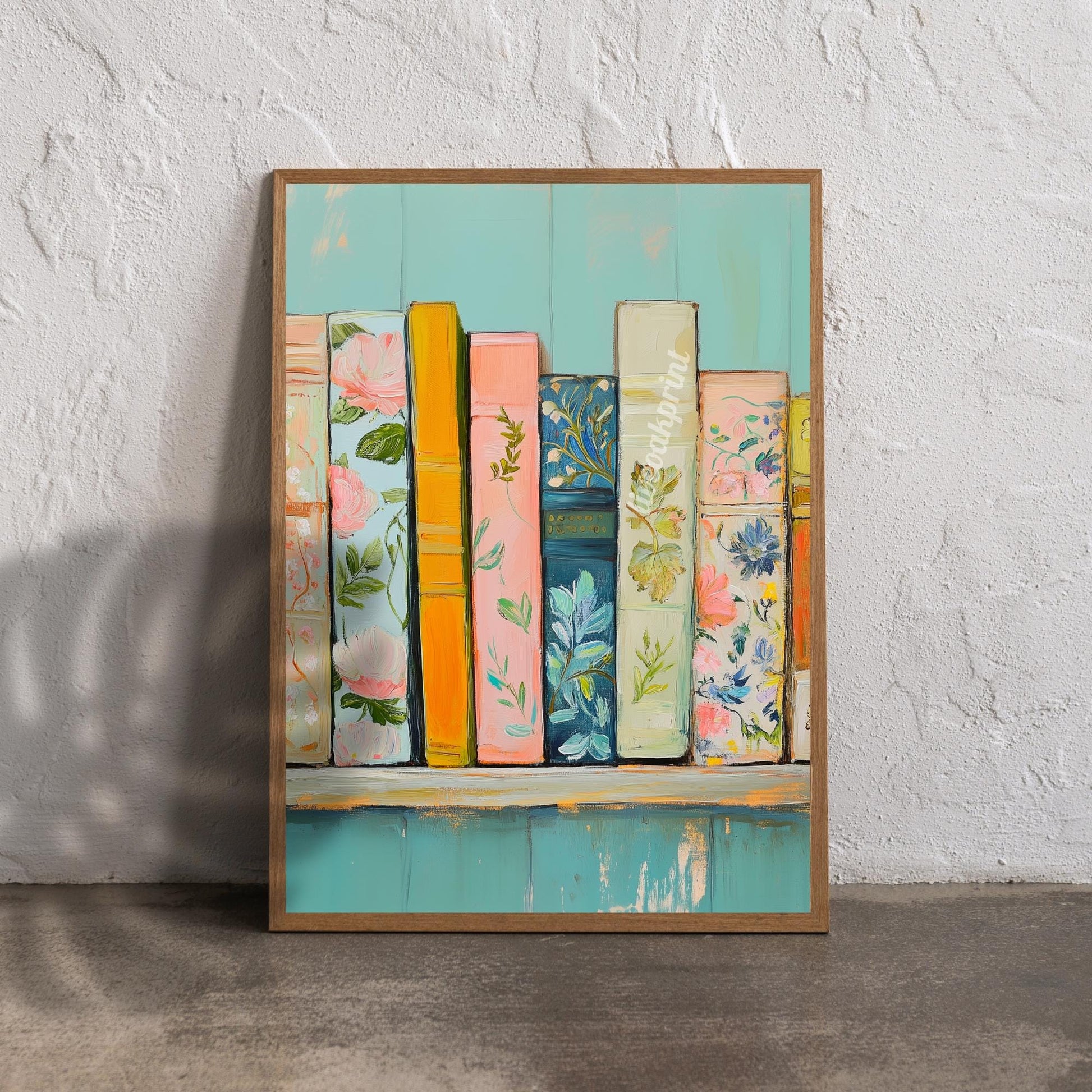 Pastel Bookshelf Print - Dreamy Book Lover Wall Art - Soft Blue and Pink Bookshelf Decor - Cozy Reading Nook Aesthetic