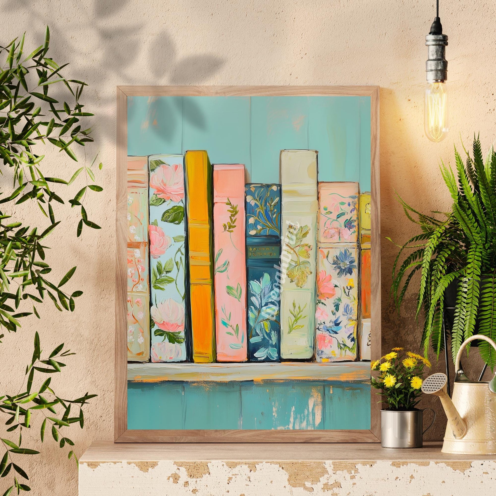 Pastel Bookshelf Print - Dreamy Book Lover Wall Art - Soft Blue and Pink Bookshelf Decor - Cozy Reading Nook Aesthetic