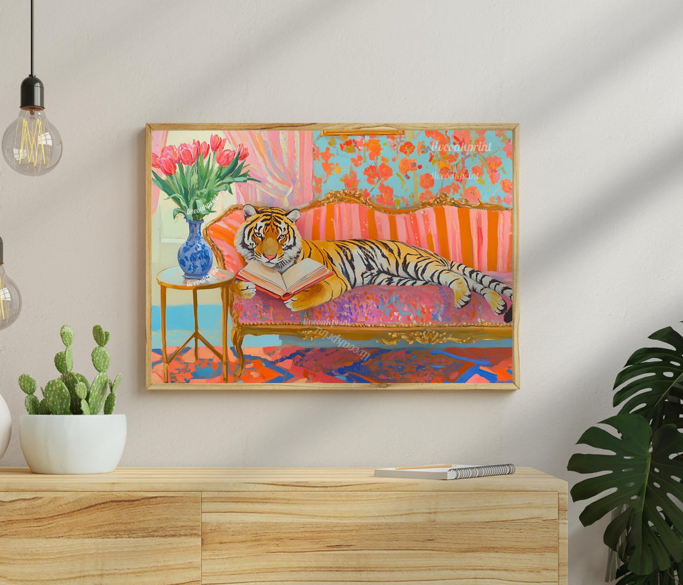 Tiger Reading in Bed Print