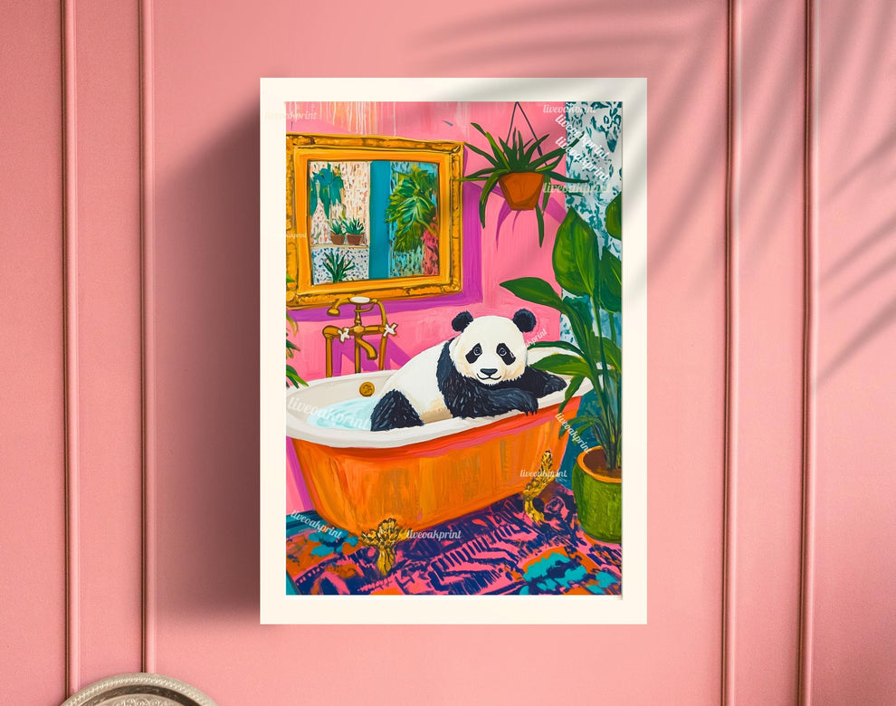 Maximalist Panda in a Vintage Bathroom Print – Colorful Eclectic Wall Art – Playful Panda Decor – Pink, Orange, Green, and Blue