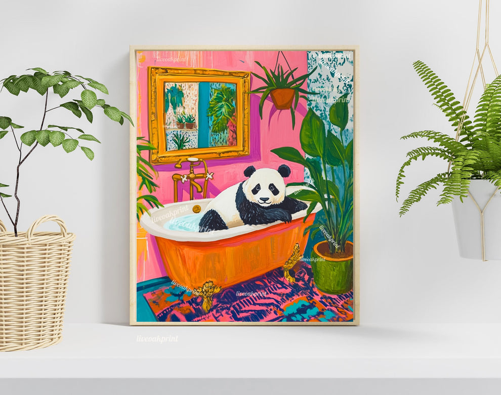 Maximalist Panda in a Vintage Bathroom Print – Colorful Eclectic Wall Art – Playful Panda Decor – Pink, Orange, Green, and Blue