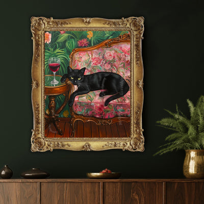 Black Cat with Red Wine Print