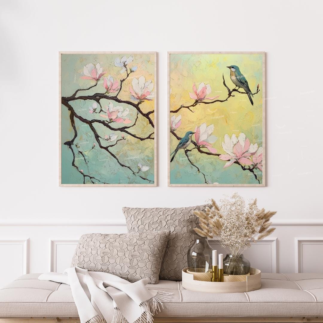 Magnolia Tree & Birds Diptych - Framed Canvas / Print / Gallery Wall Art Set of 2 - Botanical Nature Prints - Pastel Bird Wall Art