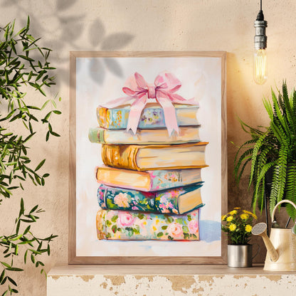 Coquette Stack of Books Print - Pink Girly Pastel Book Art - Bow Aesthetic Wall Decor - Feminine Vintage Book Print - Soft Girl Aesthetic