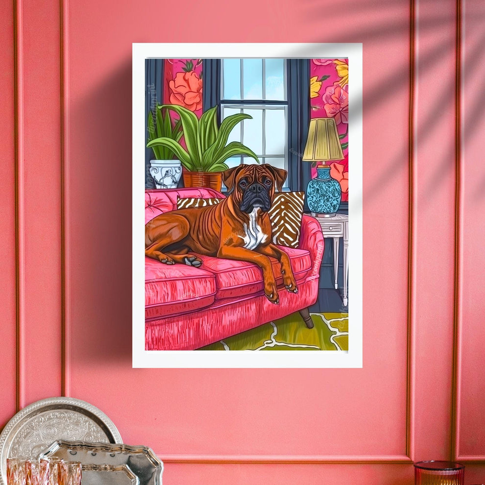 Boxer Dog in a Maximalist Living Room