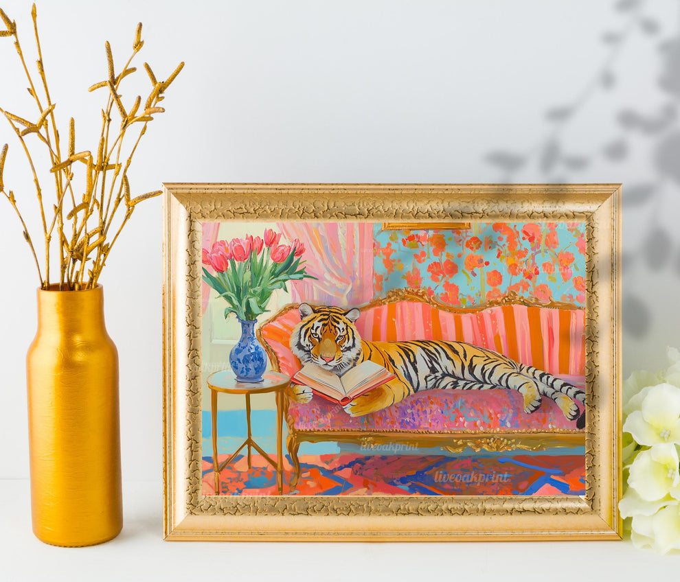 Tiger Reading in Bed Print