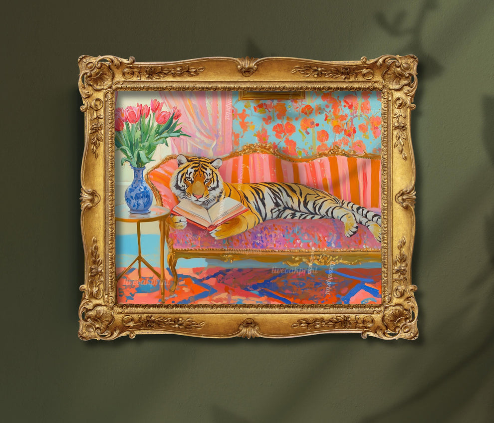 Tiger Reading in Bed Print