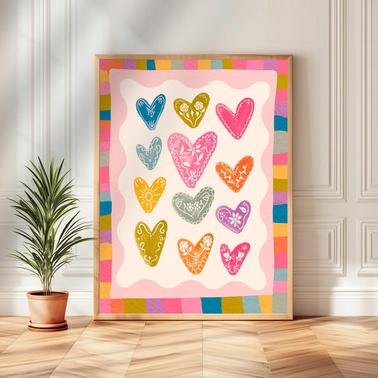 Colorful Heart Art Print – Whimsical Patchwork Heart Wall Art – Playful Colorful Print – Coquette Room Decor – Bright Bold Maximalist Art