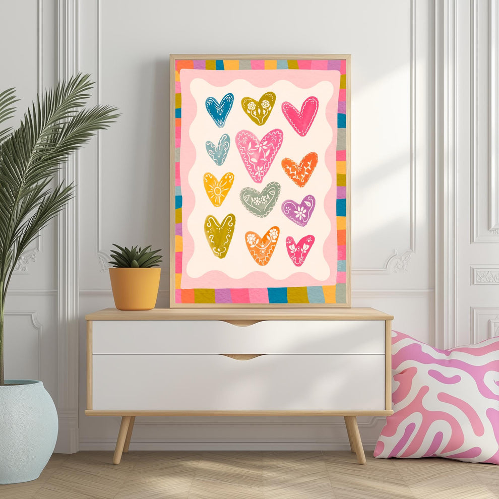 Colorful Heart Art Print – Whimsical Patchwork Heart Wall Art – Playful Colorful Print – Coquette Room Decor – Bright Bold Maximalist Art