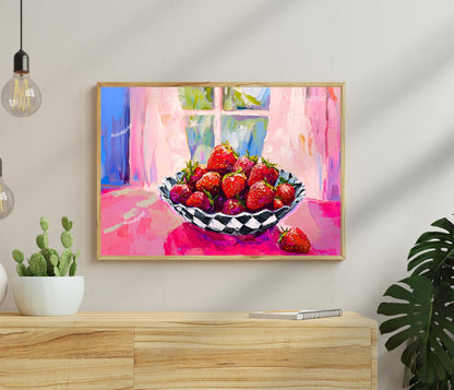 Strawberry Kitchen Print – Colorful Checkerboard Bowl Art – Pink Retro Fruit Wall Art – Maximalist Kitchen Decor – Cottagecore Fruit Print