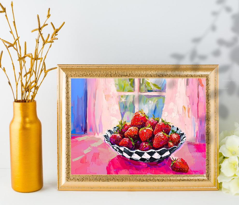 Strawberry Kitchen Print – Colorful Checkerboard Bowl Art – Pink Retro Fruit Wall Art – Maximalist Kitchen Decor – Cottagecore Fruit Print