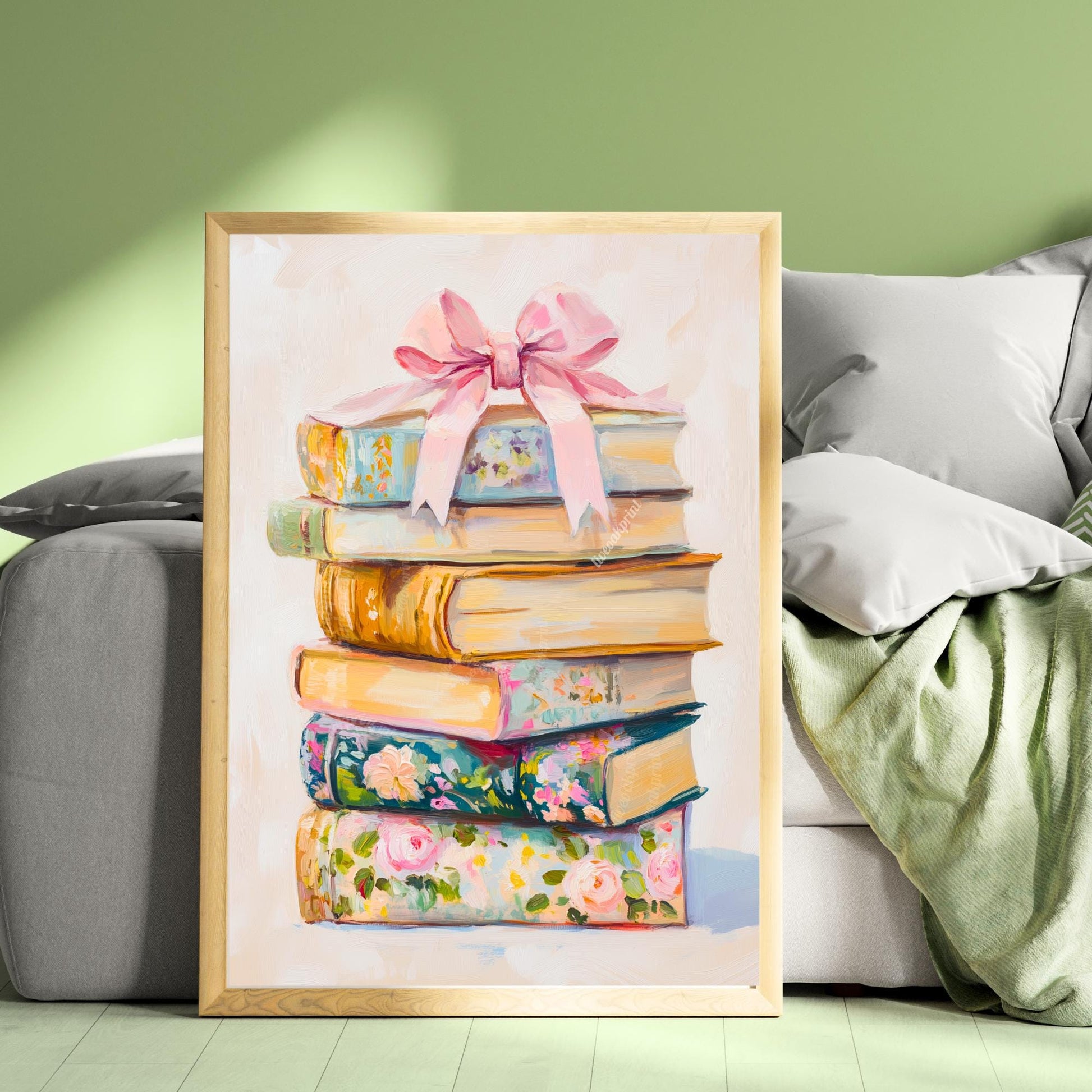 Coquette Stack of Books Print - Pink Girly Pastel Book Art - Bow Aesthetic Wall Decor - Feminine Vintage Book Print - Soft Girl Aesthetic