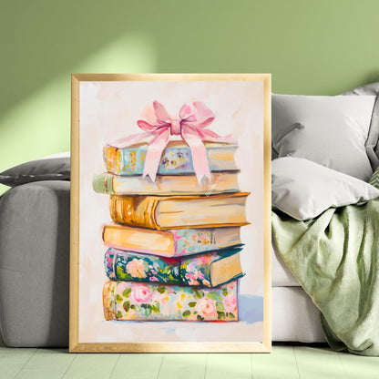 Coquette Stack of Books Print - Pink Girly Pastel Book Art - Bow Aesthetic Wall Decor - Feminine Vintage Book Print - Soft Girl Aesthetic