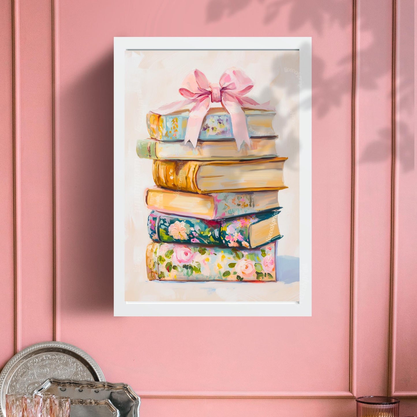 Coquette Stack of Books Print - Pink Girly Pastel Book Art - Bow Aesthetic Wall Decor - Feminine Vintage Book Print - Soft Girl Aesthetic