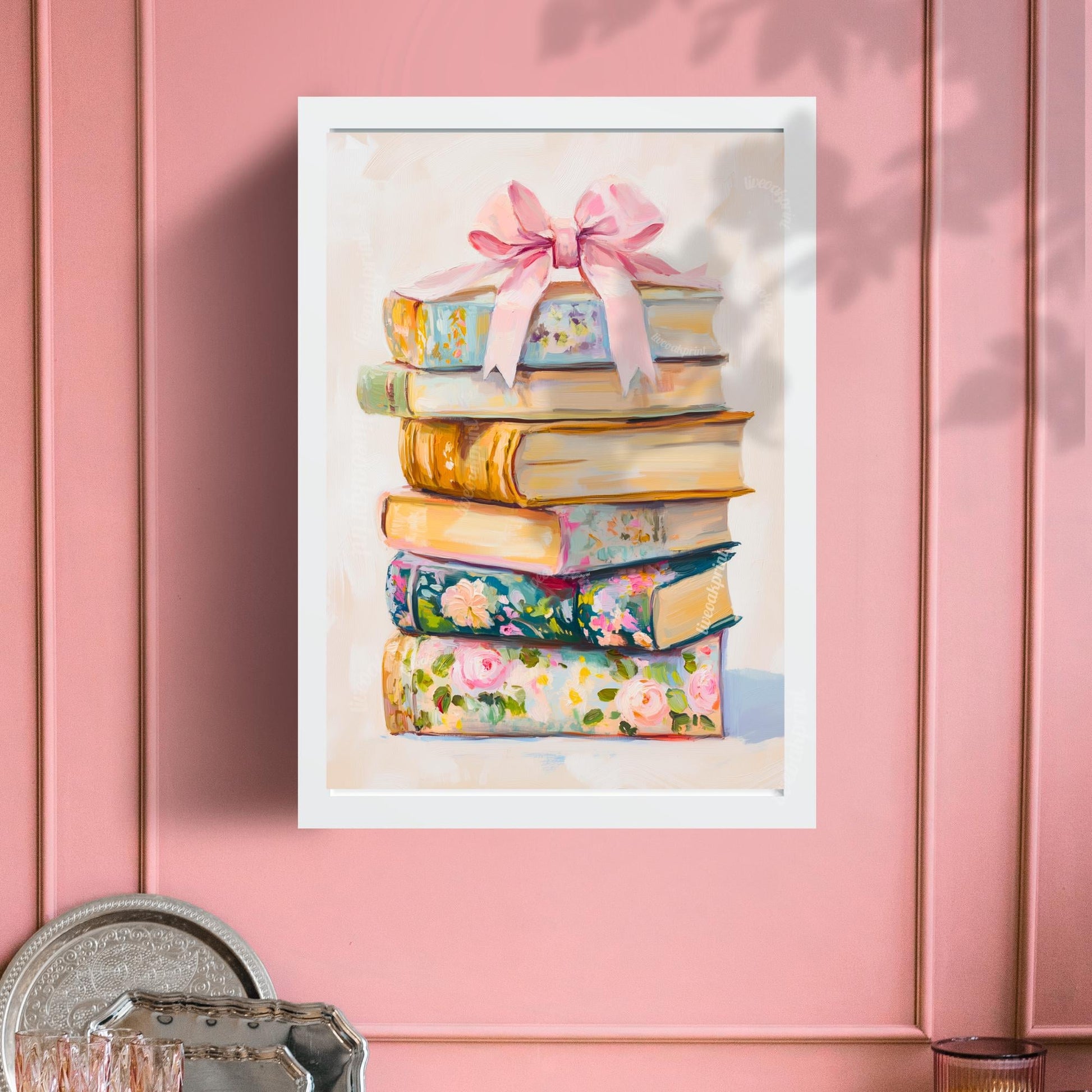 Coquette Stack of Books Print - Pink Girly Pastel Book Art - Bow Aesthetic Wall Decor - Feminine Vintage Book Print - Soft Girl Aesthetic