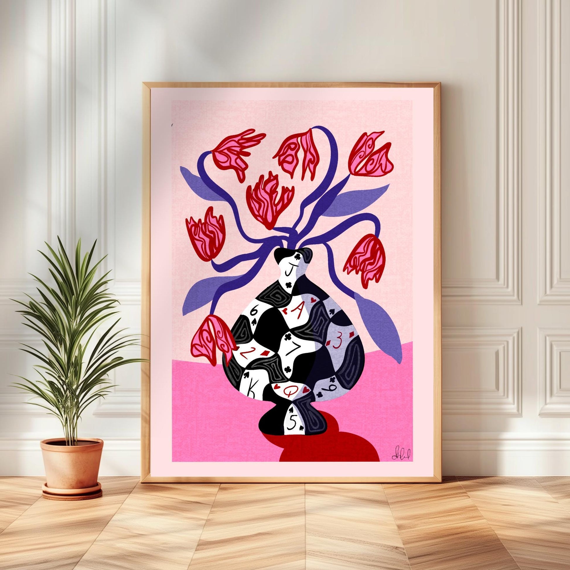 Poker Vase Wall Art – Bold Playing Card Vase Print – Funky Tulip Floral Print – Abstract Modern Decor – Red Pink Maximalist Wall Art