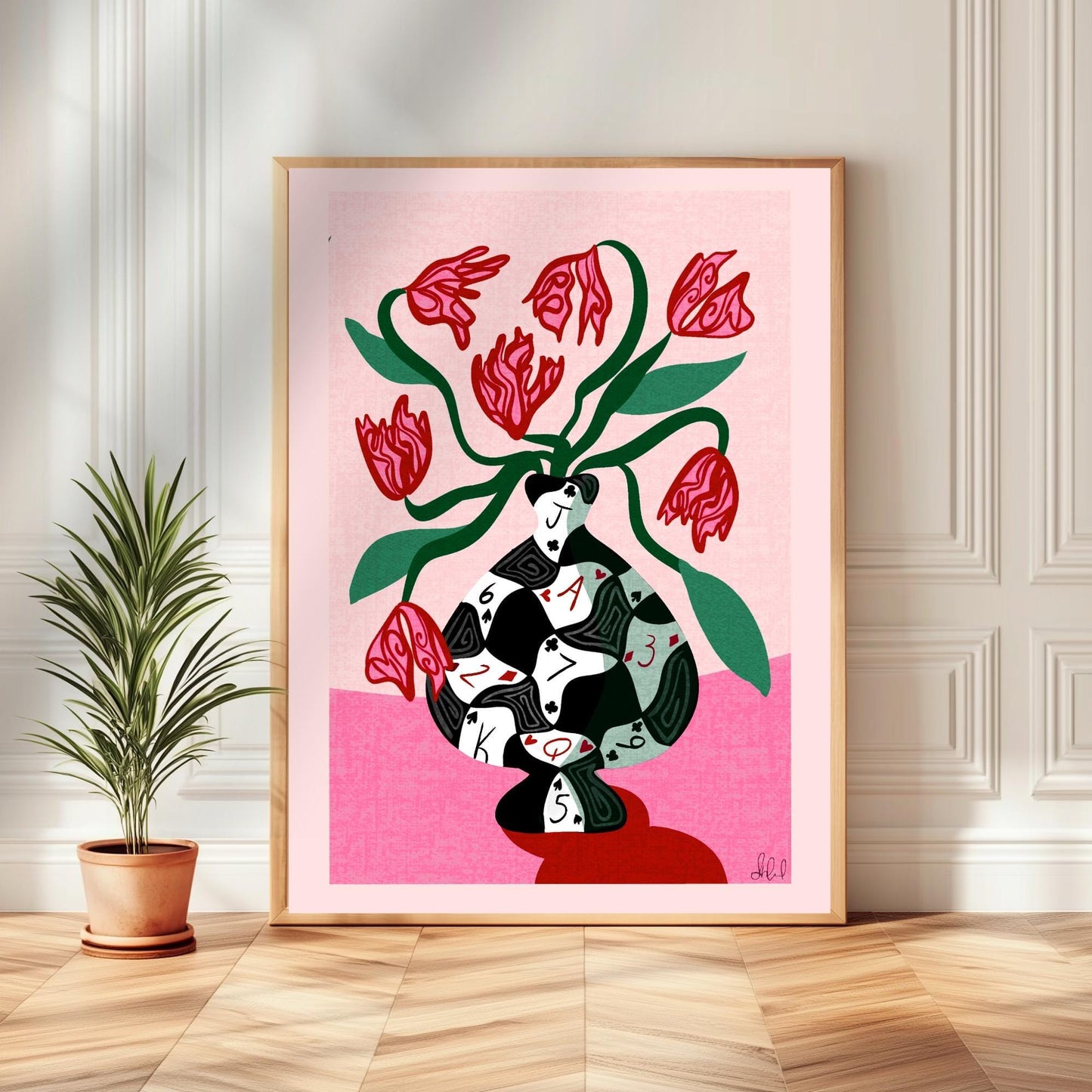 Poker Vase Wall Art – Bold Playing Card Vase Print – Funky Tulip Floral Print – Abstract Modern Decor – Pink and Green Maximalist Wall Art