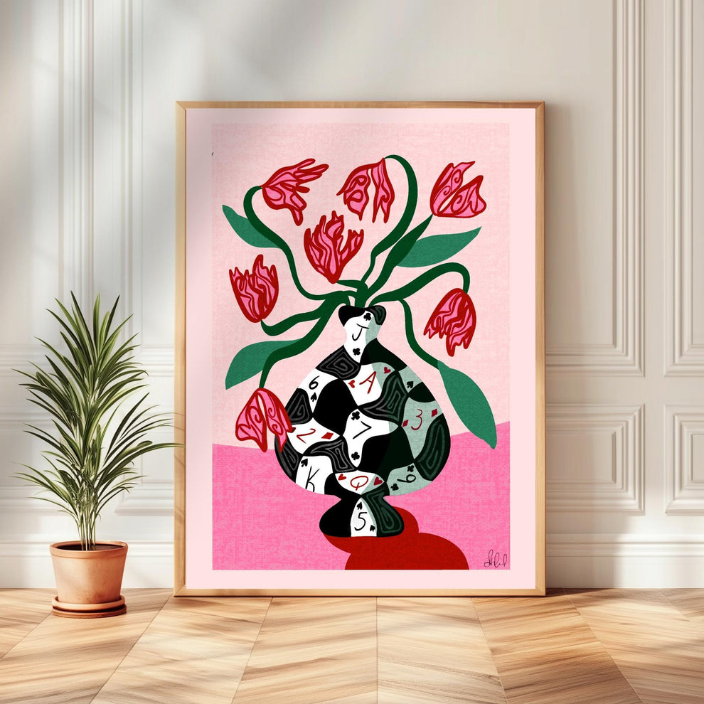 Poker Vase Wall Art – Bold Playing Card Vase Print – Funky Tulip Floral Print – Abstract Modern Decor – Pink and Green Maximalist Wall Art