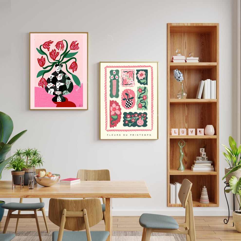 Poker Vase Wall Art – Bold Playing Card Vase Print – Funky Tulip Floral Print – Abstract Modern Decor – Pink and Green Maximalist Wall Art