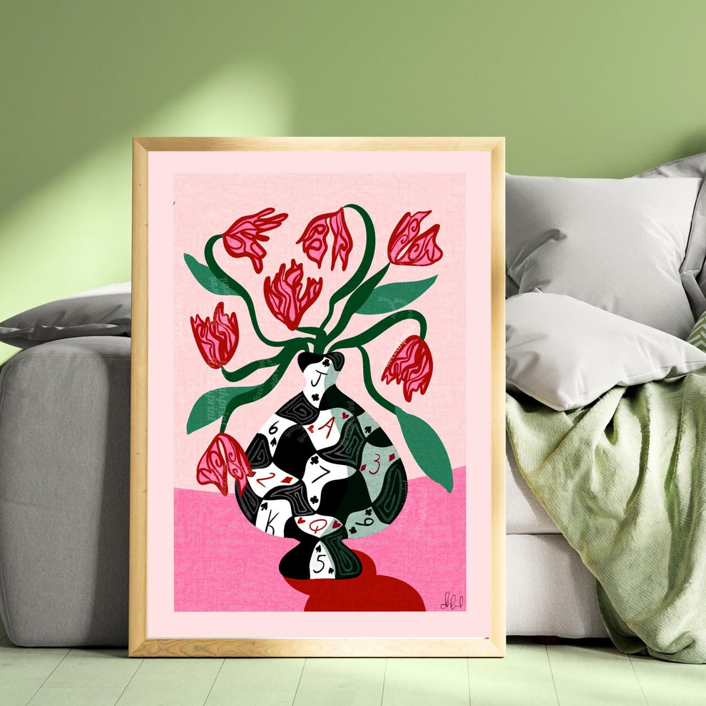 Poker Vase Wall Art – Bold Playing Card Vase Print – Funky Tulip Floral Print – Abstract Modern Decor – Pink and Green Maximalist Wall Art