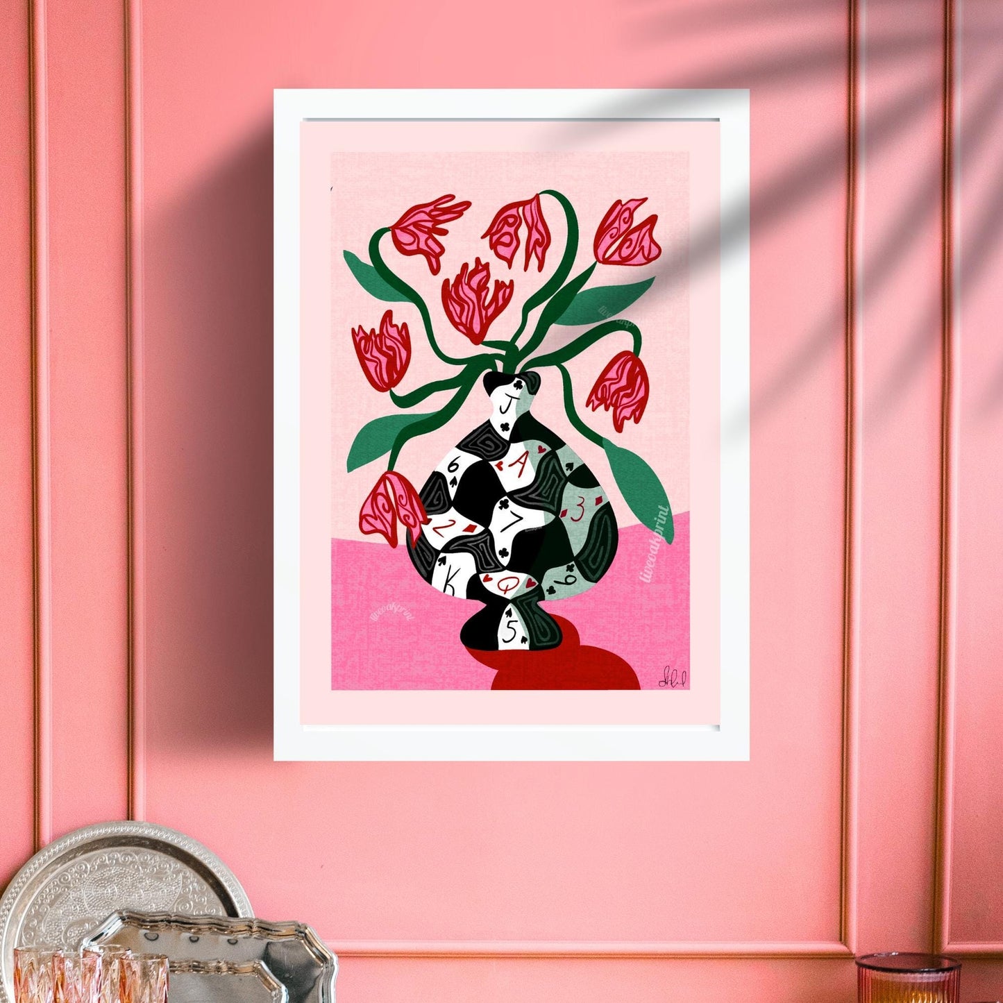 Poker Vase Wall Art – Bold Playing Card Vase Print – Funky Tulip Floral Print – Abstract Modern Decor – Pink and Green Maximalist Wall Art
