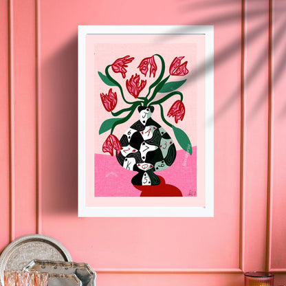 Poker Vase Wall Art – Bold Playing Card Vase Print – Funky Tulip Floral Print – Abstract Modern Decor – Pink and Green Maximalist Wall Art