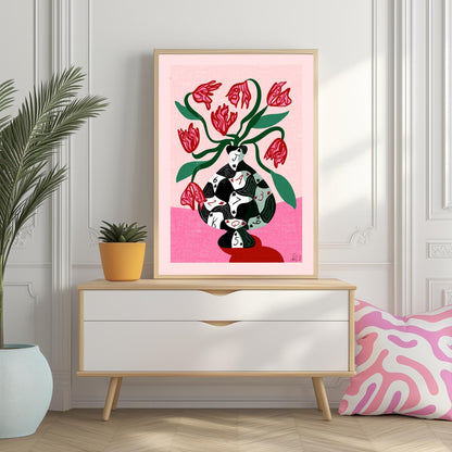 Poker Vase Wall Art – Bold Playing Card Vase Print – Funky Tulip Floral Print – Abstract Modern Decor – Pink and Green Maximalist Wall Art