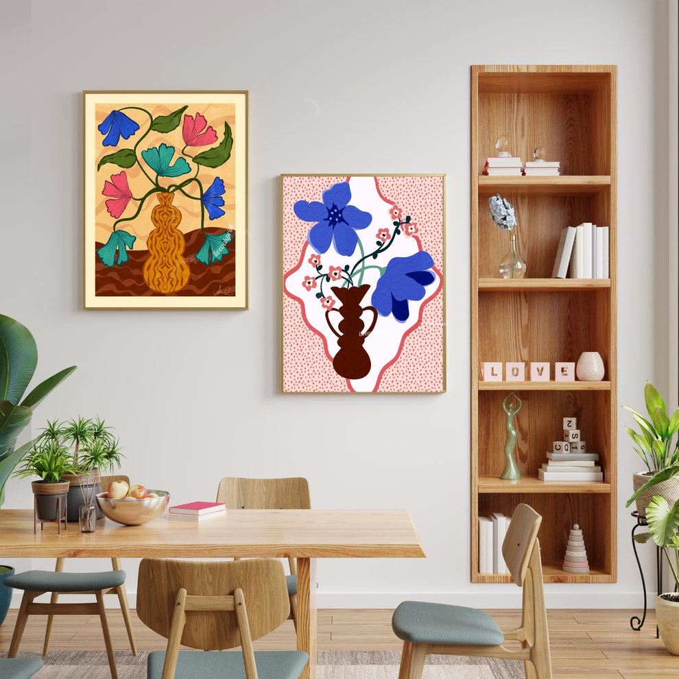 Retro Vase Floral Wall Art – Earth Tone Flower Print – Vintage Botanical Print – Maximalist Wall Art – Funky Flower Art 70s Style Decor