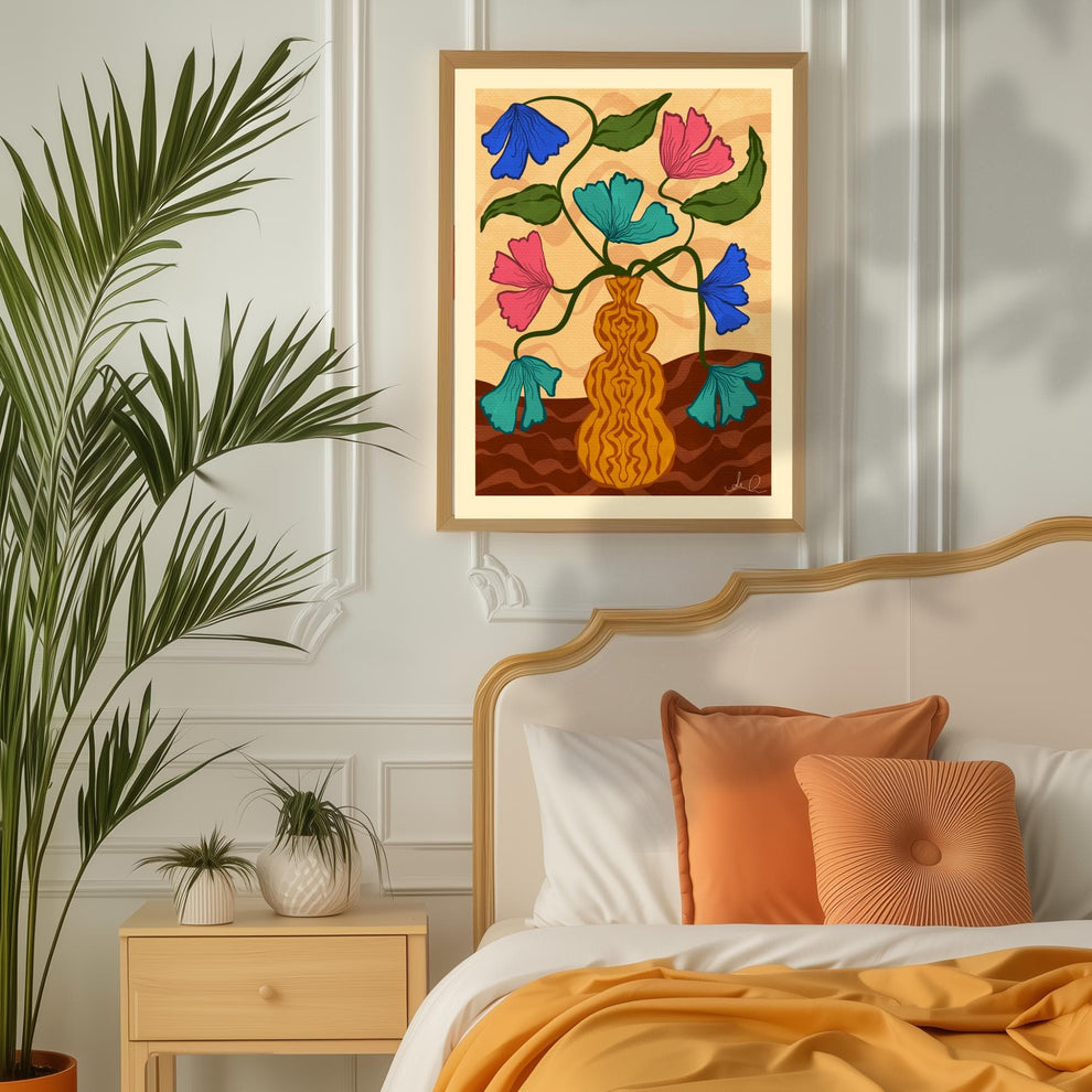 Retro Vase Floral Wall Art – Earth Tone Flower Print – Vintage Botanical Print – Maximalist Wall Art – Funky Flower Art 70s Style Decor