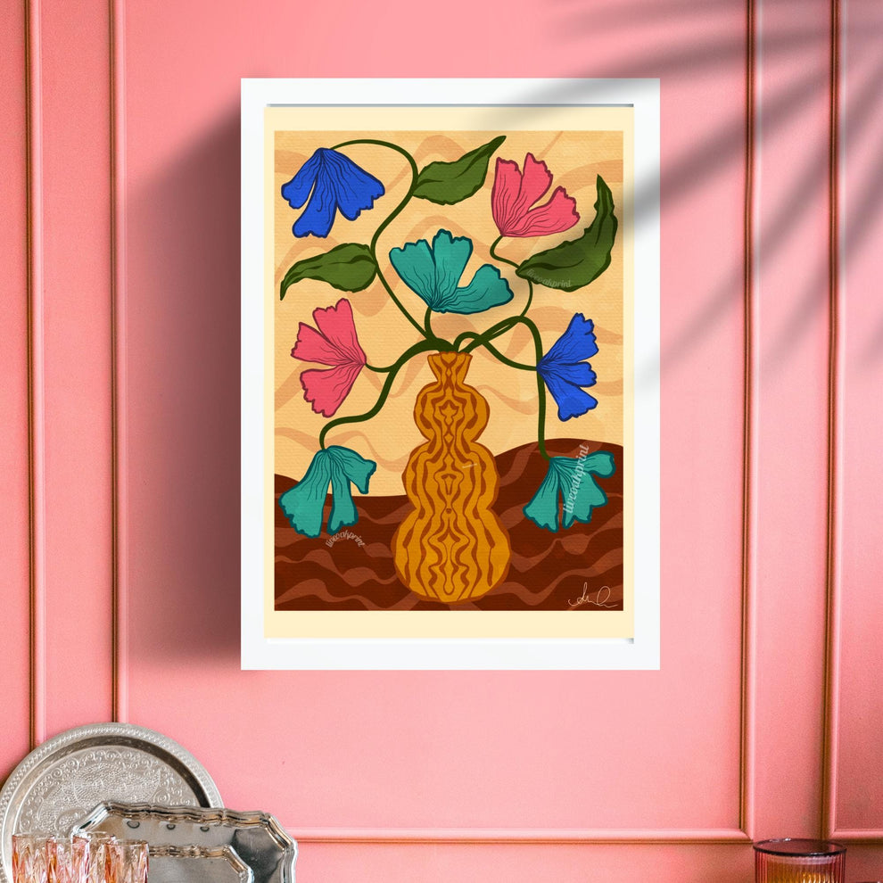 Retro Vase Floral Wall Art – Earth Tone Flower Print – Vintage Botanical Print – Maximalist Wall Art – Funky Flower Art 70s Style Decor