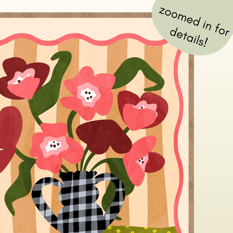 Gingham Vase and Flowers Print – Chateaucore Wall Art – French Vintage Decor – Playful Maximalist Poster, French Countryside Apartment Decor