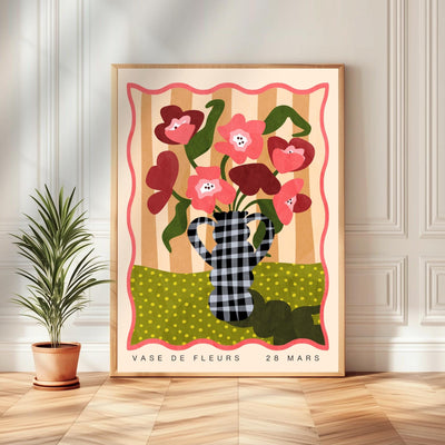 Gingham Vase and Flowers Print – Chateaucore Wall Art – French Vintage Decor – Playful Maximalist Poster, French Countryside Apartment Decor