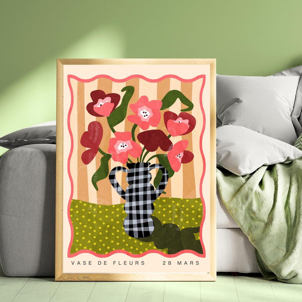 Gingham Vase and Flowers Print – Chateaucore Wall Art – French Vintage Decor – Playful Maximalist Poster, French Countryside Apartment Decor
