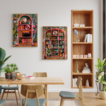 Disco Library and Record Player Art – Set of 2 Prints – Funky Maximalist Wall Art – Bold Vintage-Inspired Decor – Music & Book Lover Gift