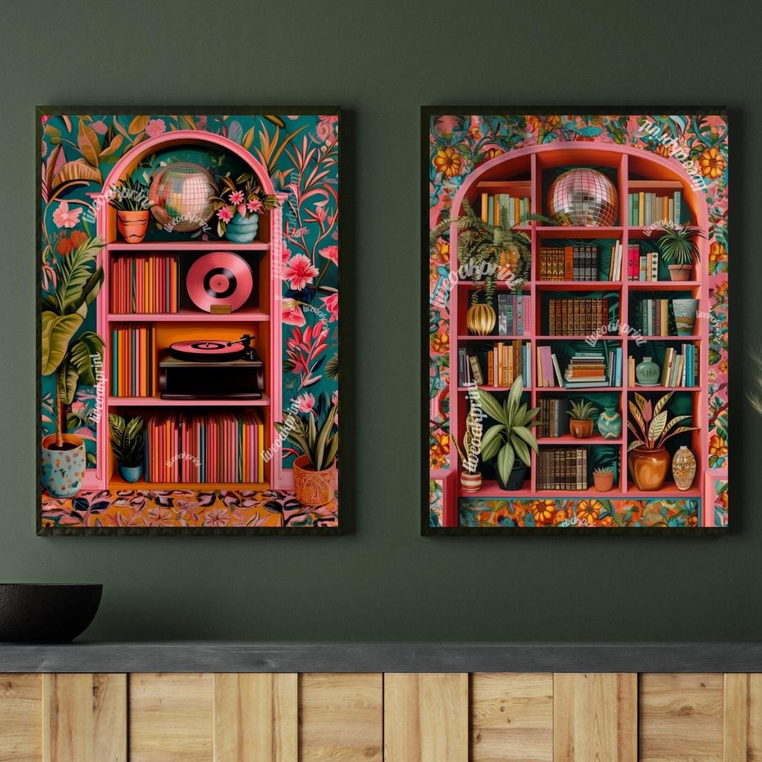Disco Library and Record Player Art – Set of 2 Prints – Funky Maximalist Wall Art – Bold Vintage-Inspired Decor – Music & Book Lover Gift