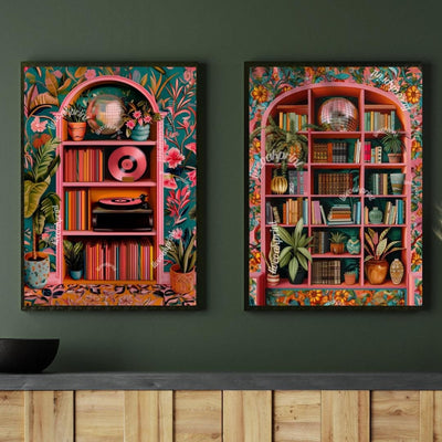 Disco Library and Record Player Art – Set of 2 Prints – Funky Maximalist Wall Art – Bold Vintage-Inspired Decor – Music & Book Lover Gift