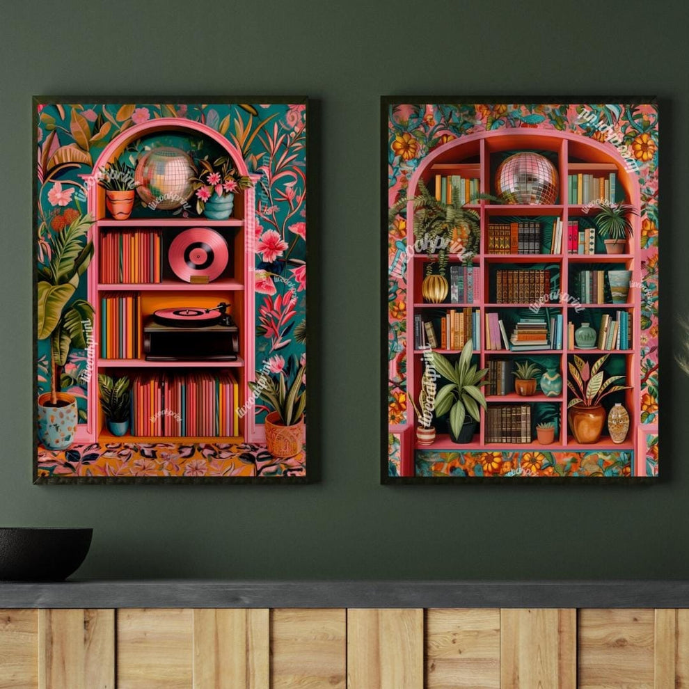 Disco Library and Record Player Art – Set of 2 Prints – Funky Maximalist Wall Art – Bold Vintage-Inspired Decor – Music & Book Lover Gift