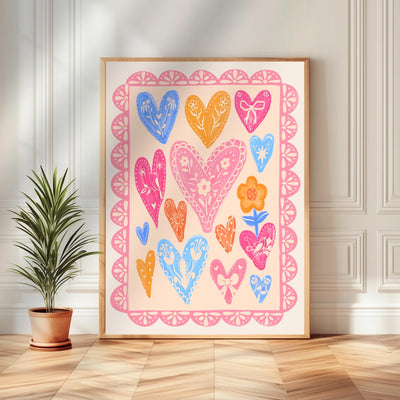 Folk Heart and Flower Art Print – Soft Pastel Maximalist Wall Art – Coquette Heart Print – Scandinavian Folk Inspired Lace Wall Decor