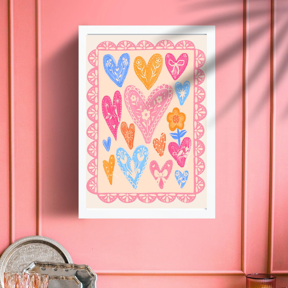 Folk Heart and Flower Art Print – Soft Pastel Maximalist Wall Art – Coquette Heart Print – Scandinavian Folk Inspired Lace Wall Decor