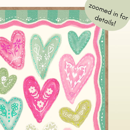 Green and Pink Heart Print – Whimsical Folk Art Wall Decor – Coquette Heart Art – Scandinavian Maximalist Pastel Wall Art – Dopamine Decor