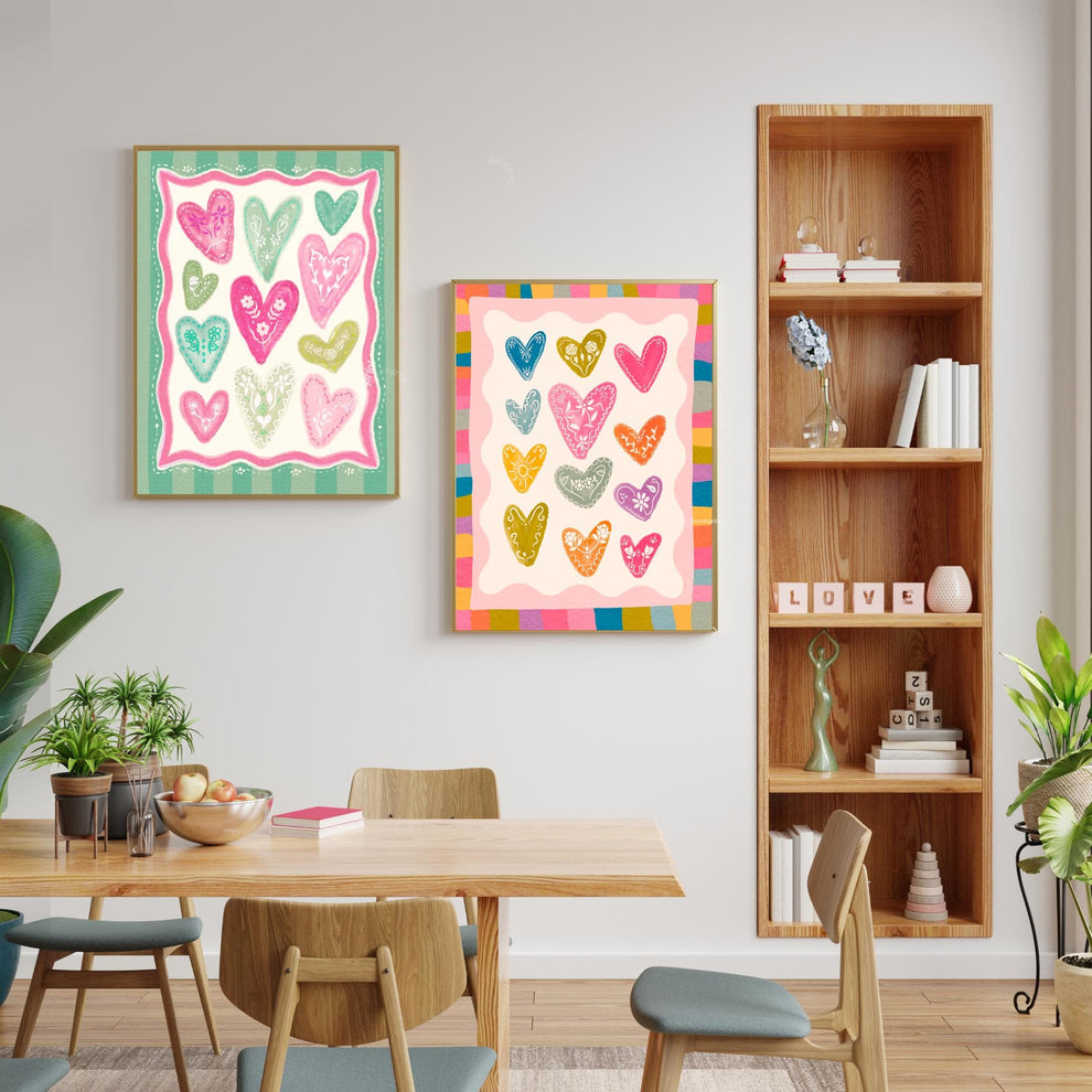 Green and Pink Heart Print – Whimsical Folk Art Wall Decor – Coquette Heart Art – Scandinavian Maximalist Pastel Wall Art – Dopamine Decor