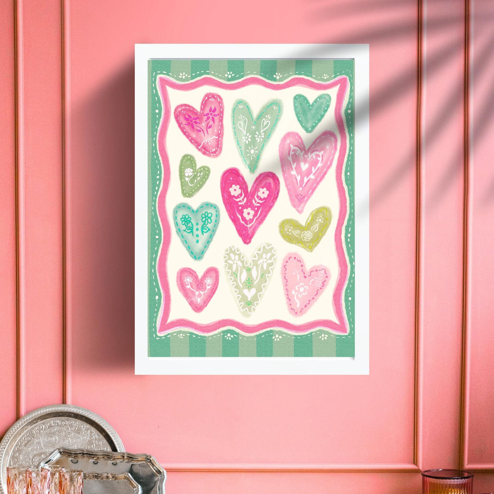 Green and Pink Heart Print – Whimsical Folk Art Wall Decor – Coquette Heart Art – Scandinavian Maximalist Pastel Wall Art – Dopamine Decor