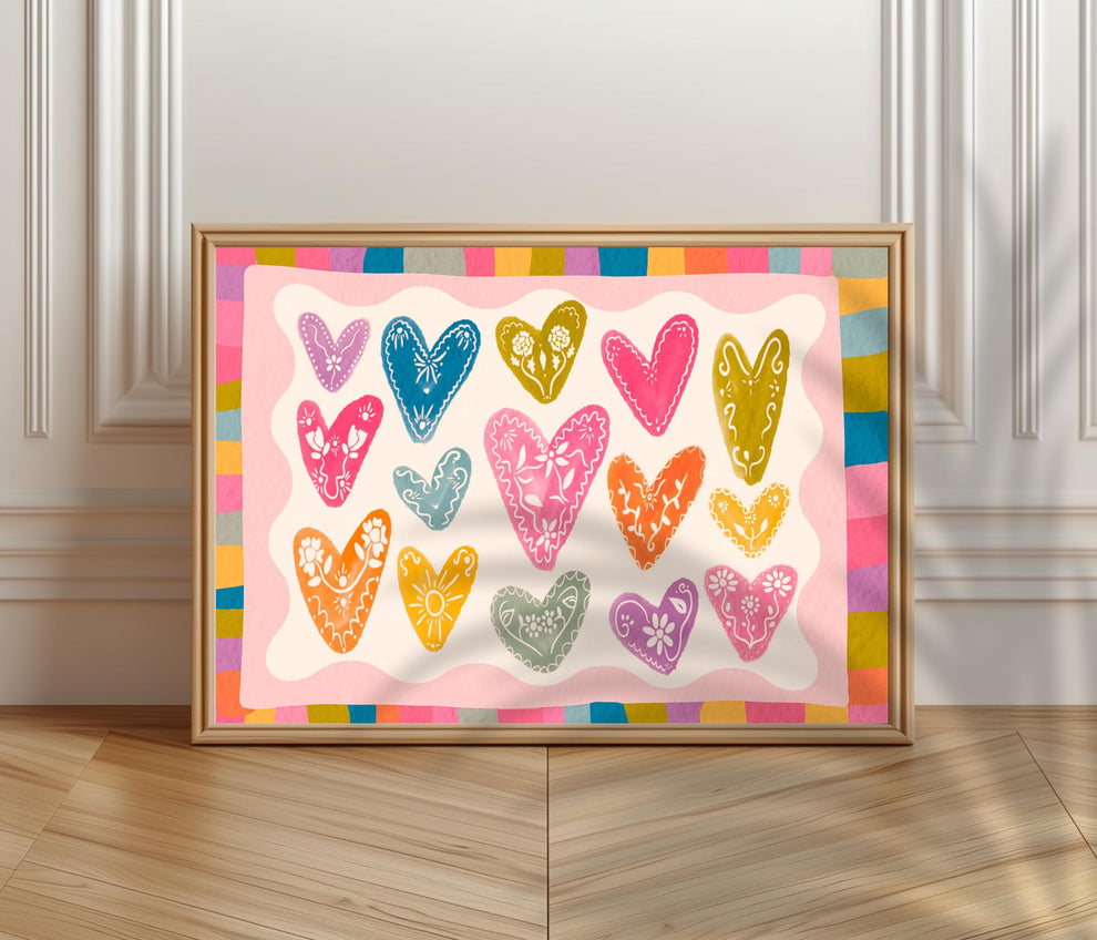 Horizontal Heart Print – Colorful Folk Heart Wall Art – Bright Maximalist Wall Decor – Whimsical Pastel Rainbow Art – Coquette Dopamine