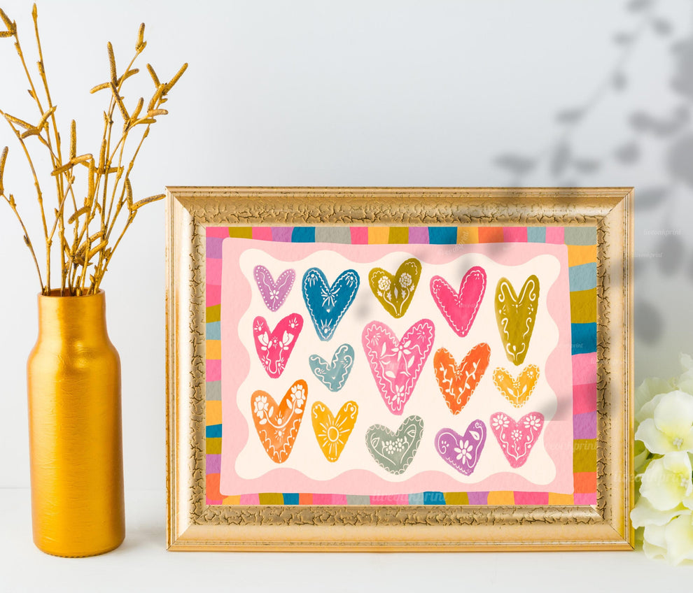 Horizontal Heart Print – Colorful Folk Heart Wall Art – Bright Maximalist Wall Decor – Whimsical Pastel Rainbow Art – Coquette Dopamine