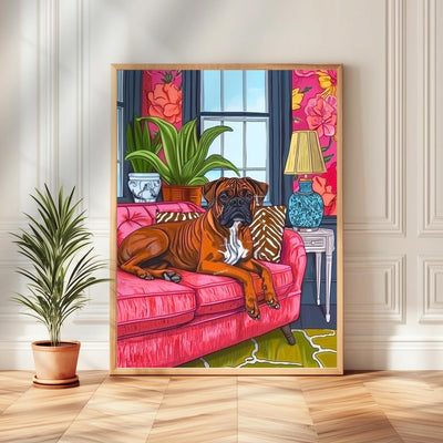 Boxer Dog in a Maximalist Living Room