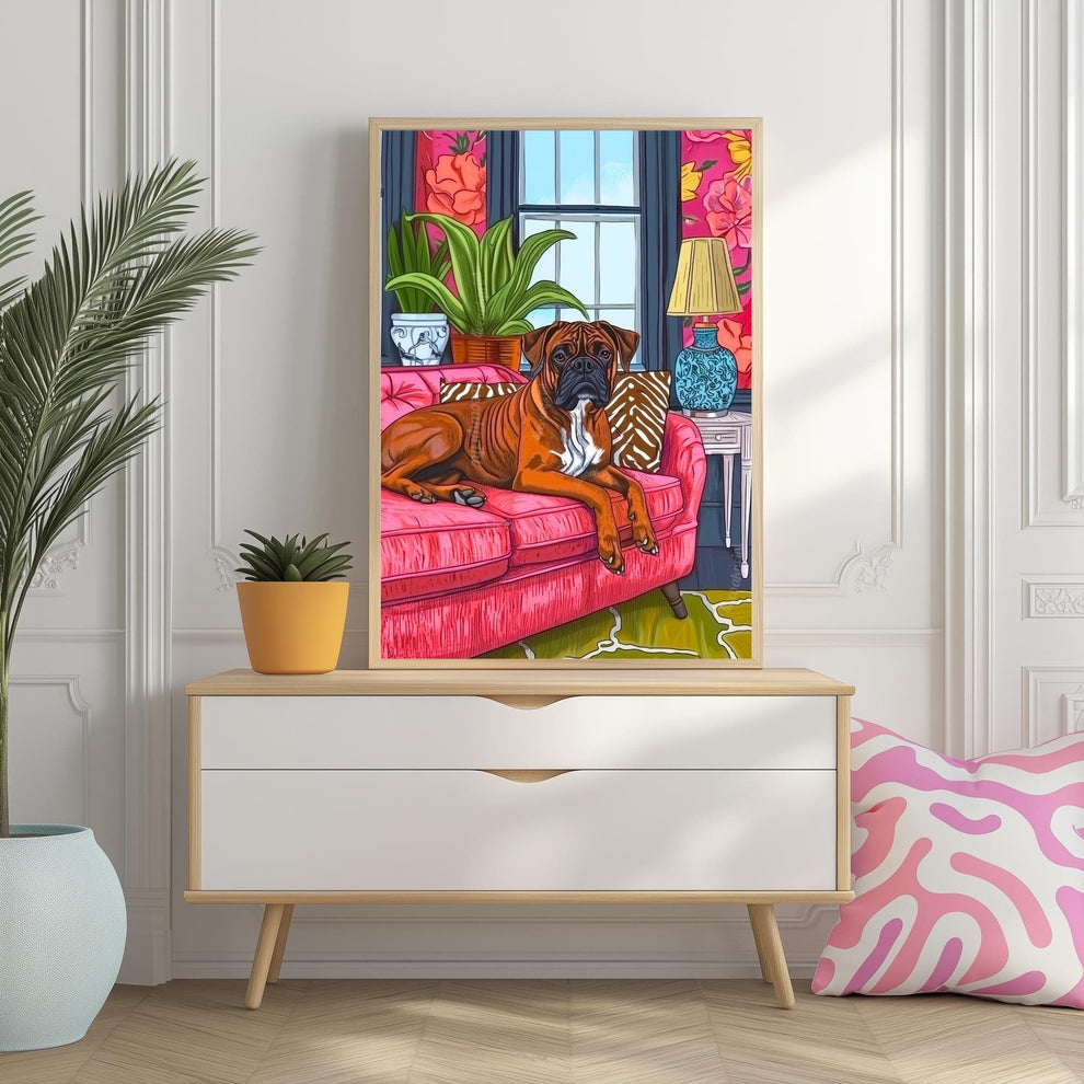 Boxer Dog in a Maximalist Living Room
