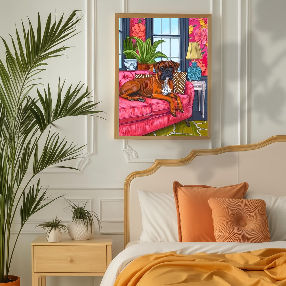 Boxer Dog in a Maximalist Living Room