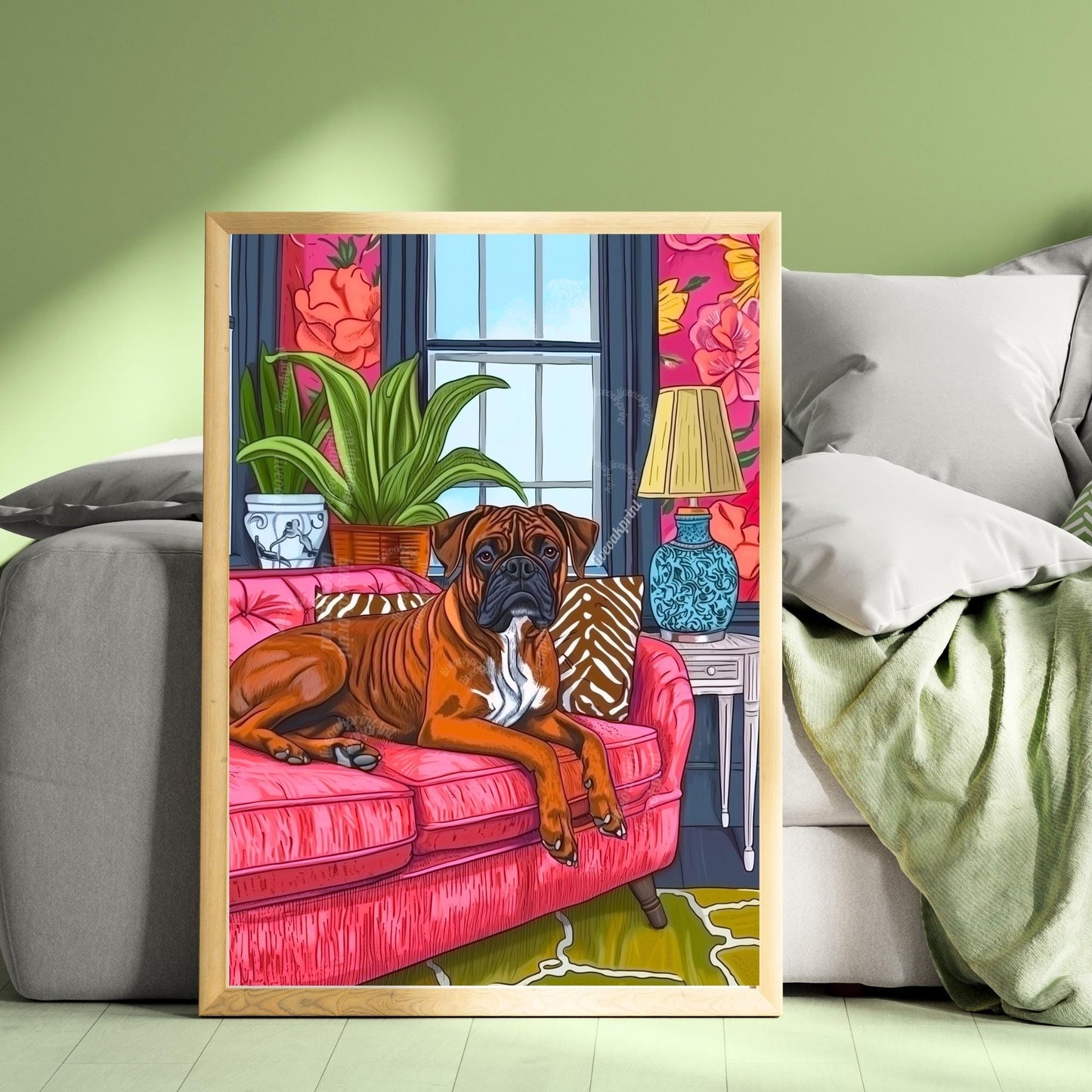 Boxer Dog in a Maximalist Living Room