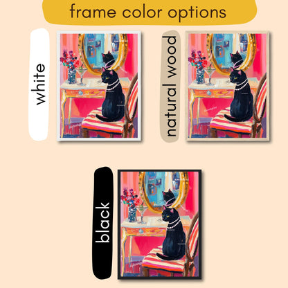 Black Cat Vanity Print – Martini Cat Wall Art – Maximalist Glam Cat Decor – Whimsical Cat Painting – Bar Cart, Bathroom, or Bedroom Art